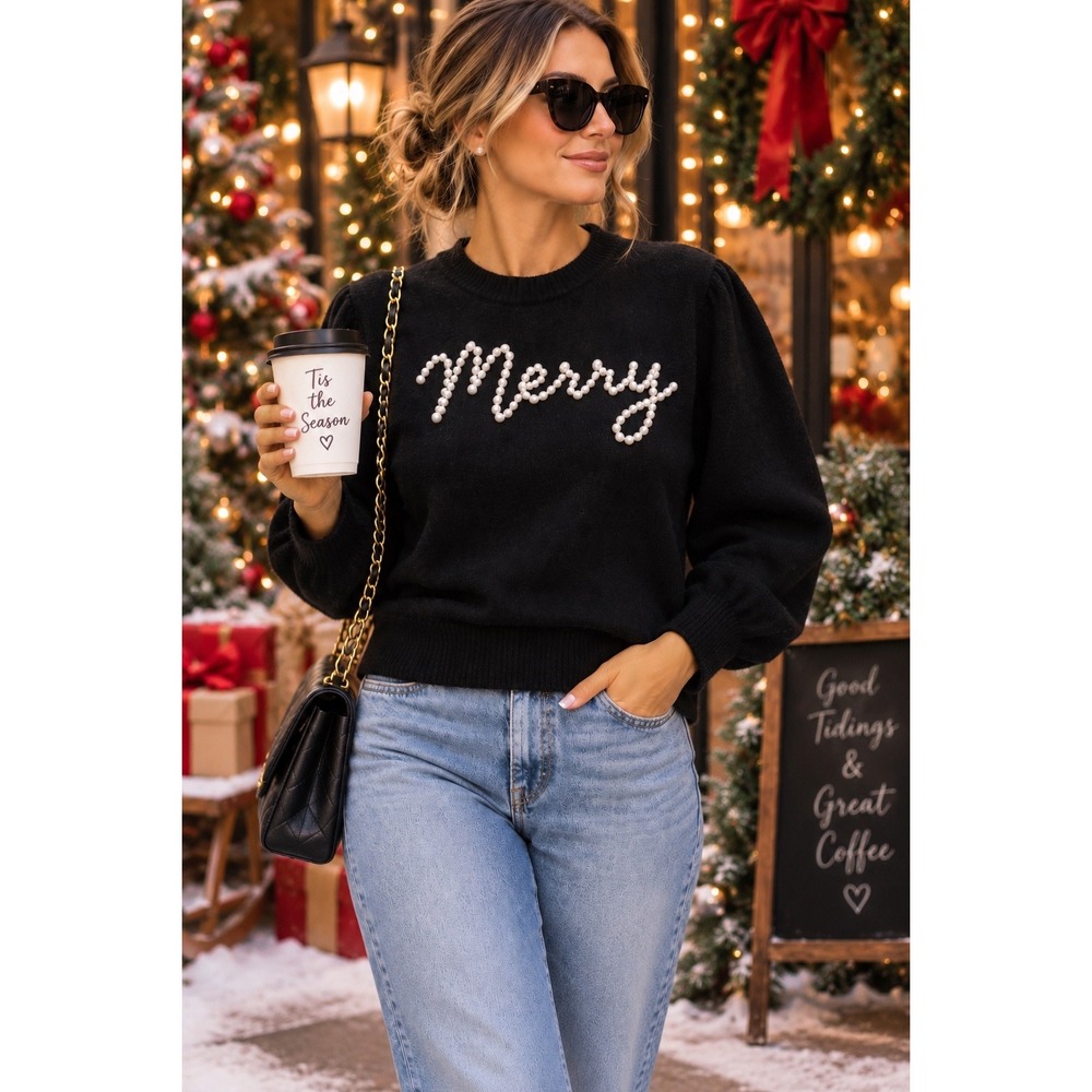 Chic Merry Pearl Embellished Holiday Sweater Festive Party Winter Luxe SzXL